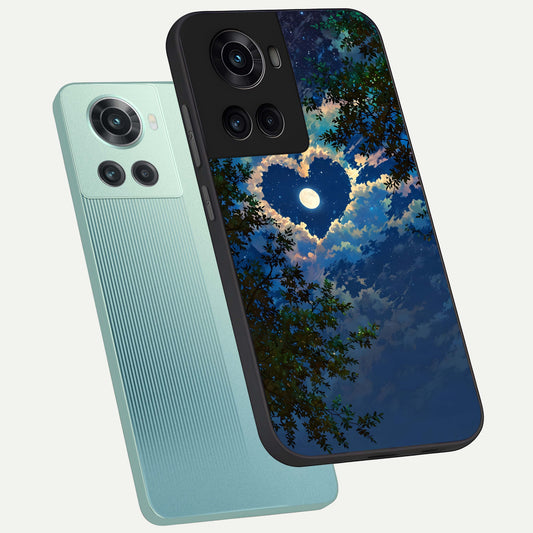  Heart With Moon Sky phone case For OnePlus 10R showing premium glass back cover with detailed artwork