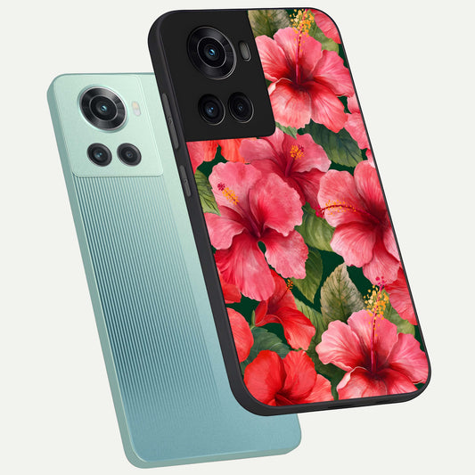  Hibiscus Pattern phone case For OnePlus 10R showing premium glass back cover with detailed artwork