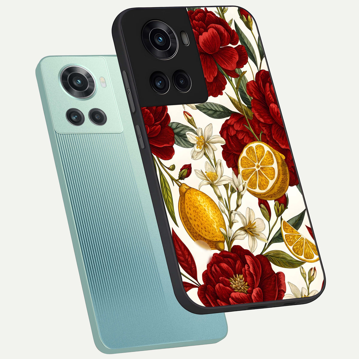  Lemon Rose Charm phone case For OnePlus 10R showing premium glass back cover with detailed artwork