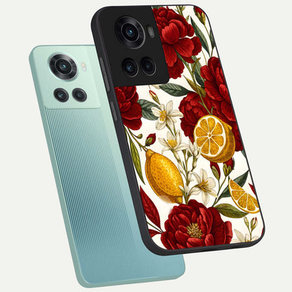 Lemon Rose Charm phone case For OnePlus 10R showing premium glass back cover with detailed artwork