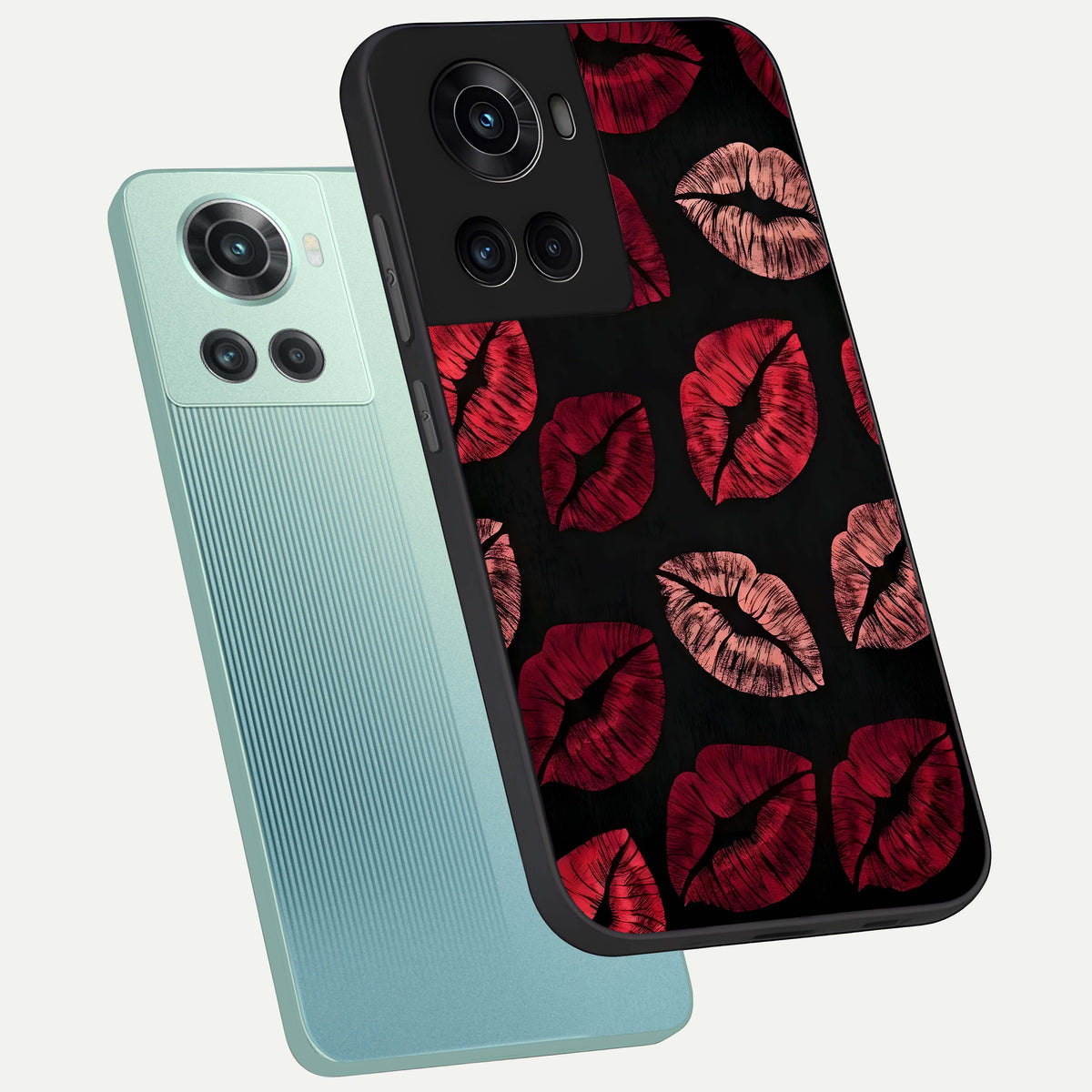  Midnight Kiss Love phone case For OnePlus 10R showing premium glass back cover with detailed artwork