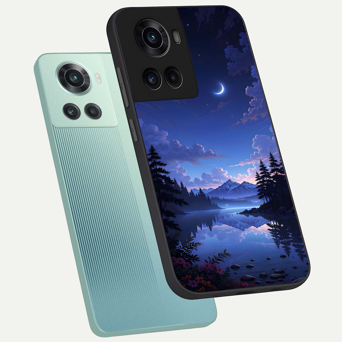  Midnight Lake Peace phone case For OnePlus 10R showing premium glass back cover with detailed artwork