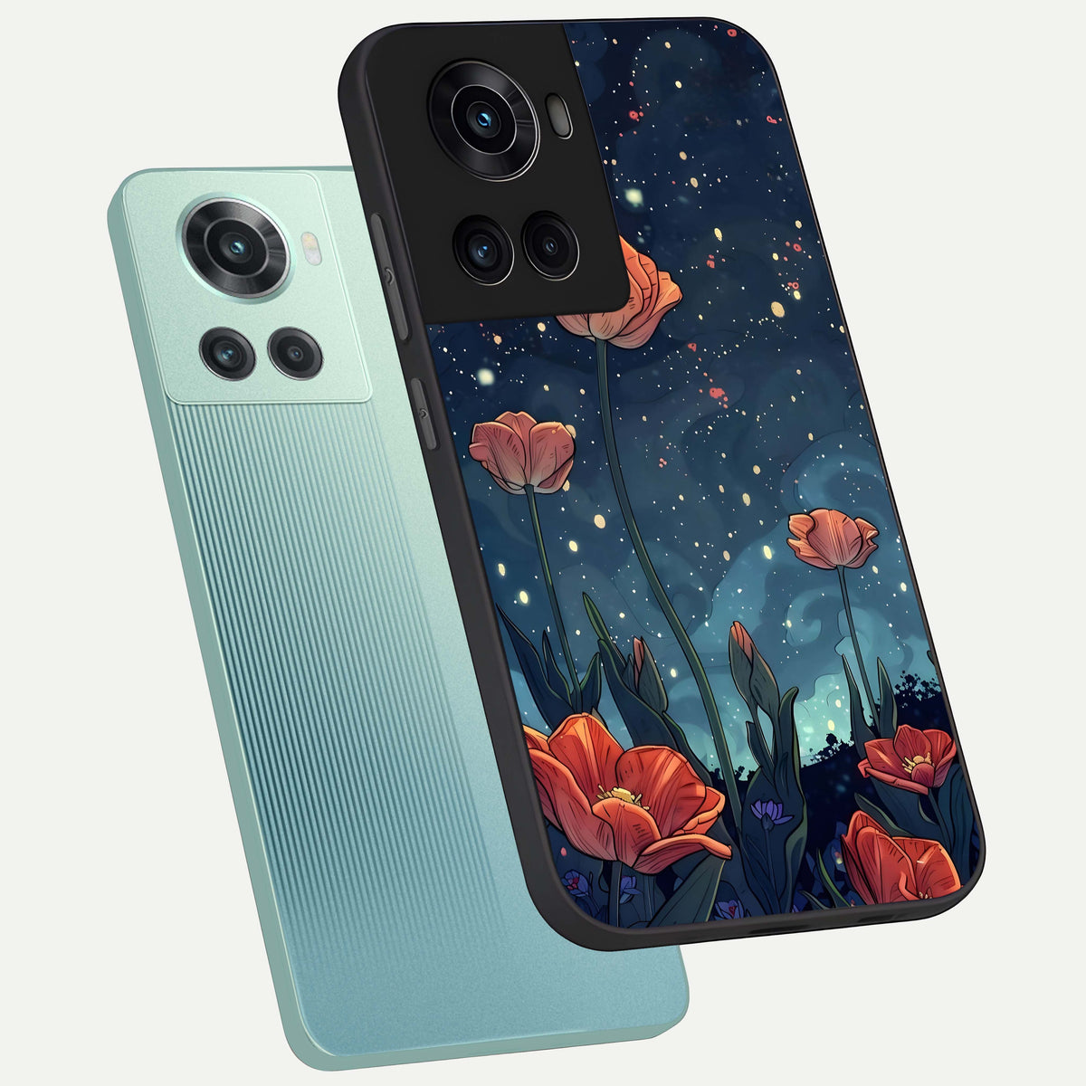  Midnight Tulip Glow phone case For OnePlus 10R showing premium glass back cover with detailed artwork