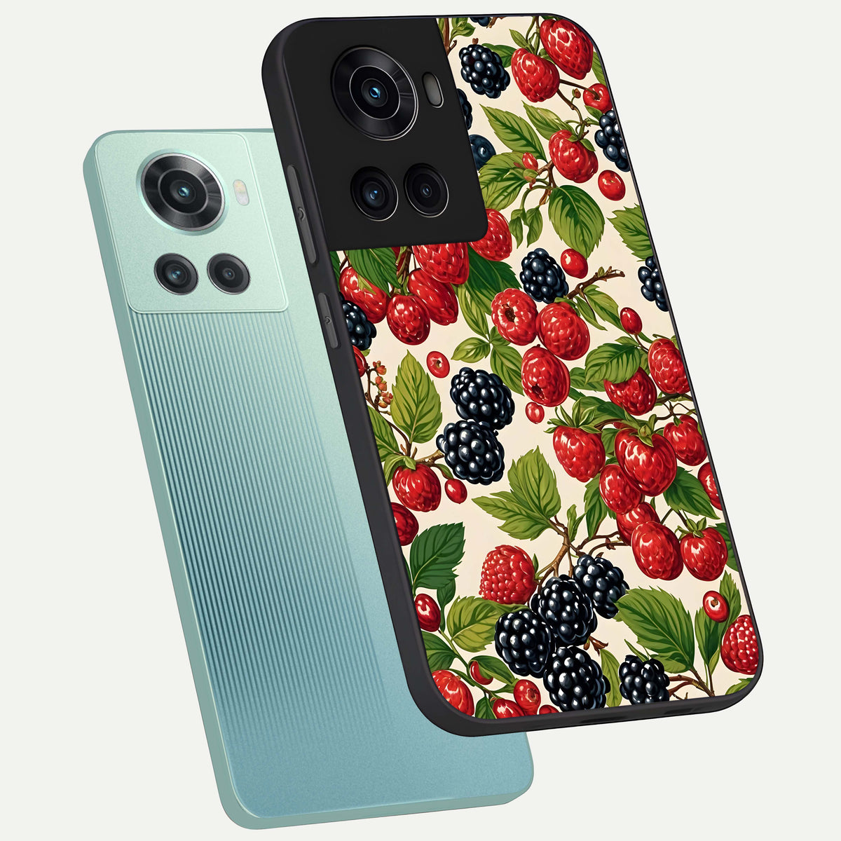  Mixed Berry Collage phone case For OnePlus 10R showing premium glass back cover with detailed artwork