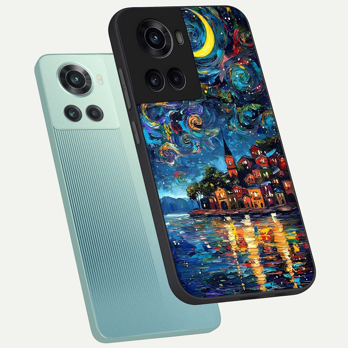  Moonlight Harbor Glow phone case For OnePlus 10R showing premium glass back cover with detailed artwork