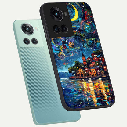  Moonlight Harbor Glow phone case For OnePlus 10R showing premium glass back cover with detailed artwork