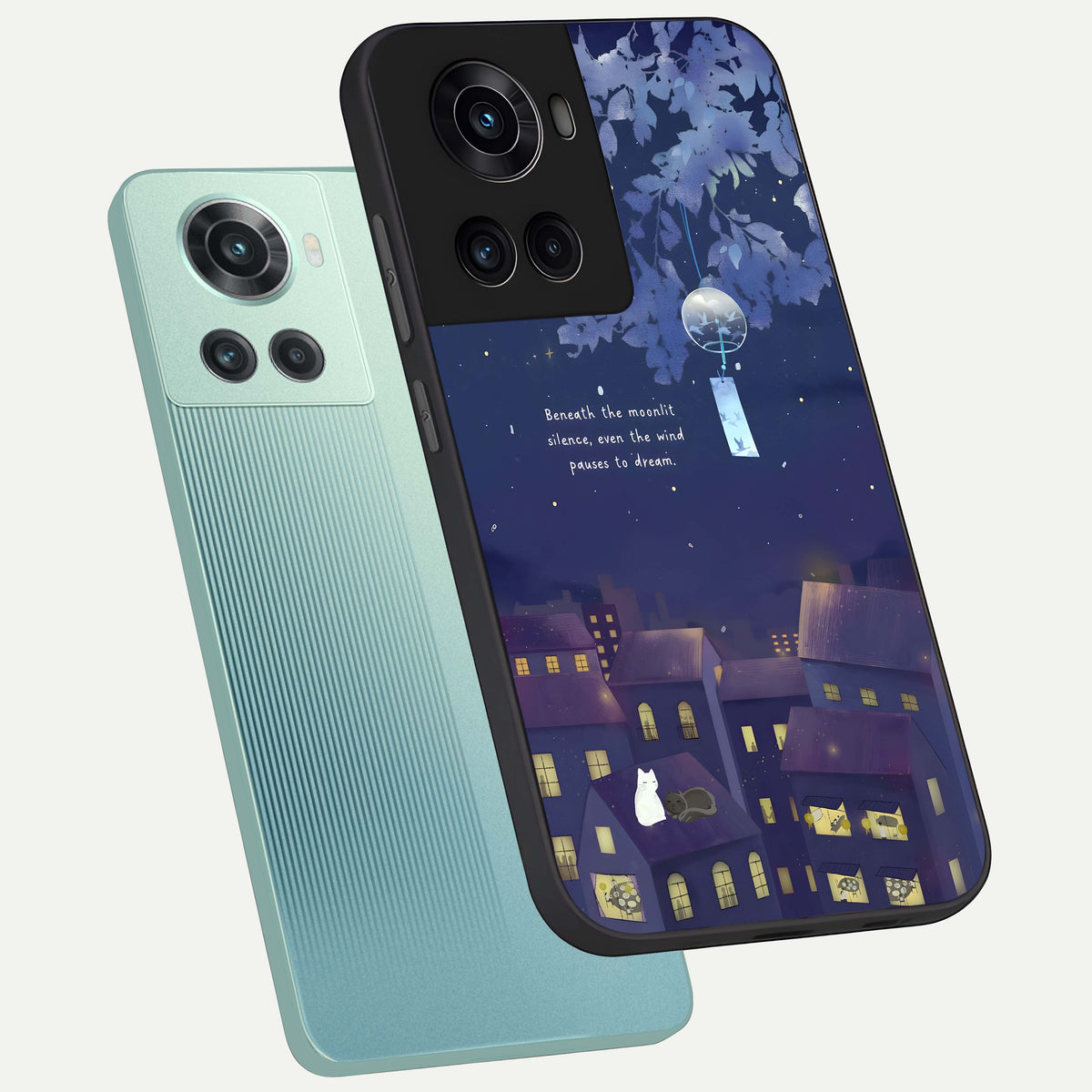  Moonlit Cat Silence phone case For OnePlus 10R showing premium glass back cover with detailed artwork
