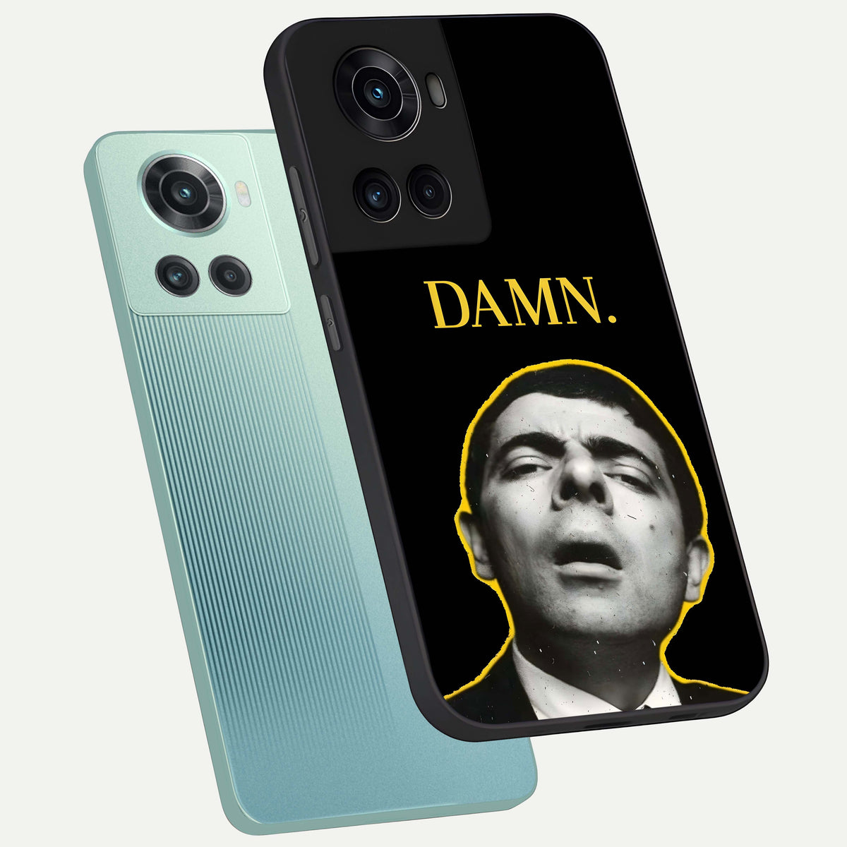  Mr Bean Damn phone case For OnePlus 10R showing premium glass back cover with detailed artwork