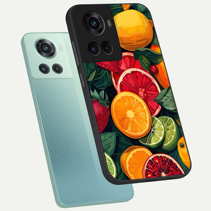  Multiple Fruits phone case For OnePlus 10R showing premium glass back cover with detailed artwork