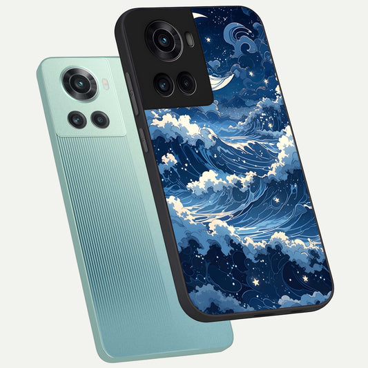  Ocean Moon Waves phone case For OnePlus 10R showing premium glass back cover with detailed artwork
