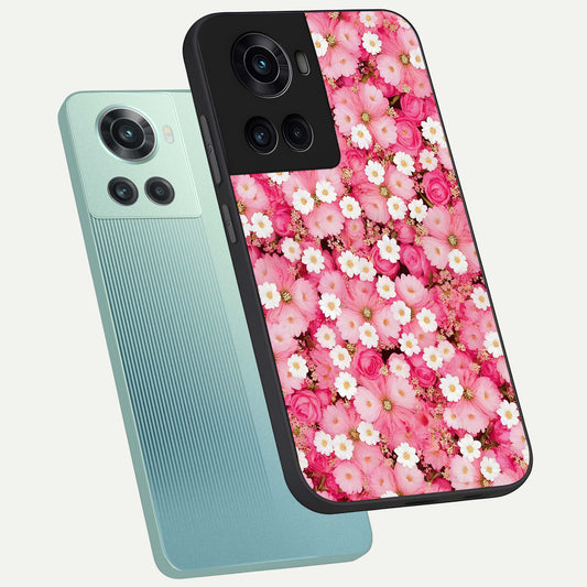  Pink Daisy Bliss phone case For OnePlus 10R showing premium glass back cover with detailed artwork