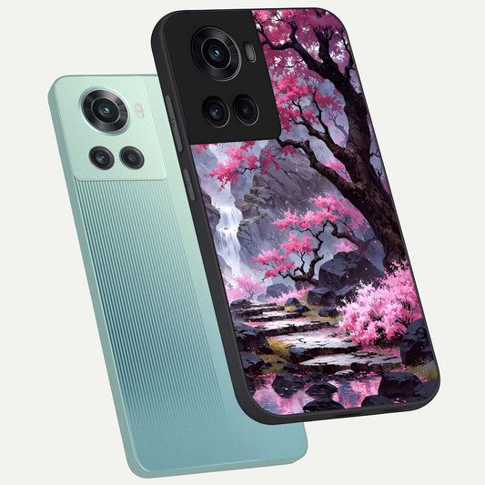  Pink Sunflower Glow phone case For OnePlus 10R showing premium glass back cover with detailed artwork