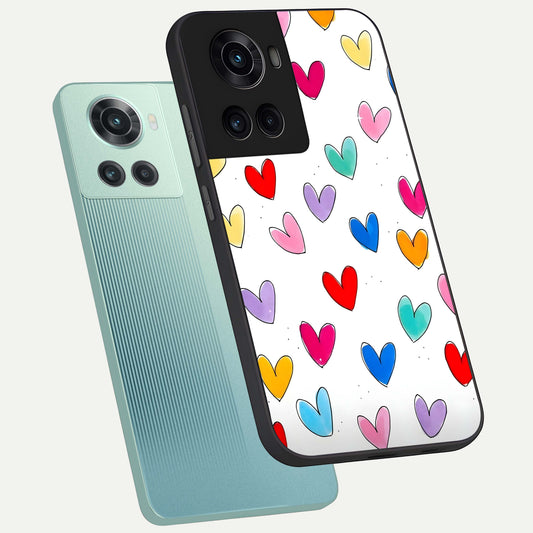 Playful Love Doodles phone case For OnePlus 10R showing premium glass back cover with detailed artwork