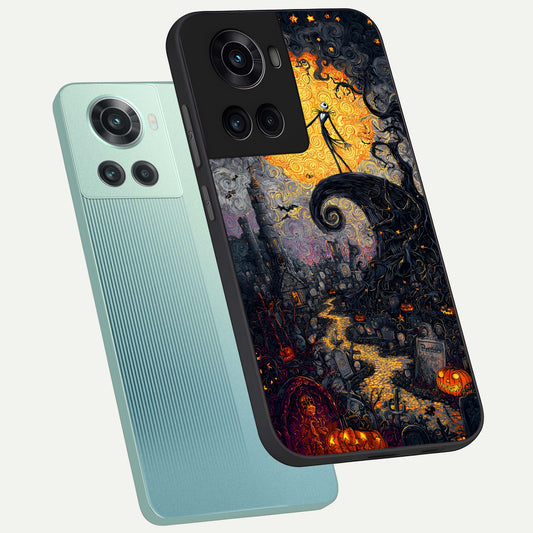  Pumpkin Moon Night phone case For OnePlus 10R showing premium glass back cover with detailed artwork