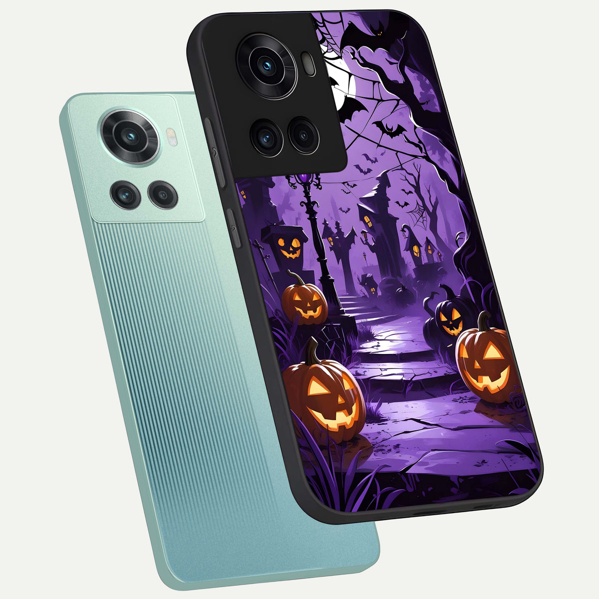  Pumpkin Patch Halloween phone case For OnePlus 10R showing premium glass back cover with detailed artwork