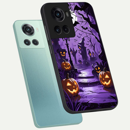 Pumpkin Patch Halloween phone case For OnePlus 10R showing premium glass back cover with detailed artwork