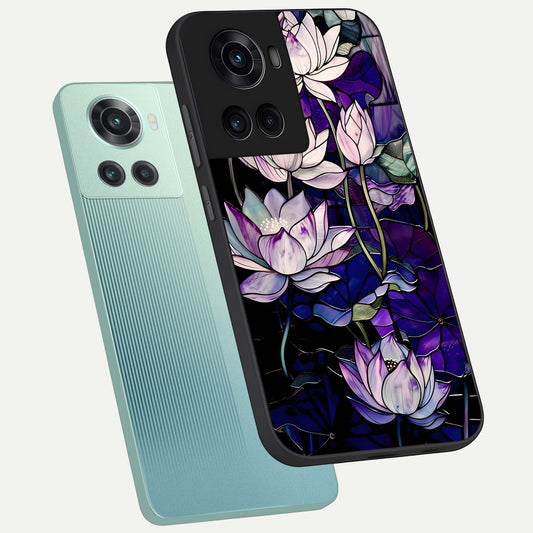  Purple Lotus Pattern phone case For OnePlus 10R showing premium glass back cover with detailed artwork