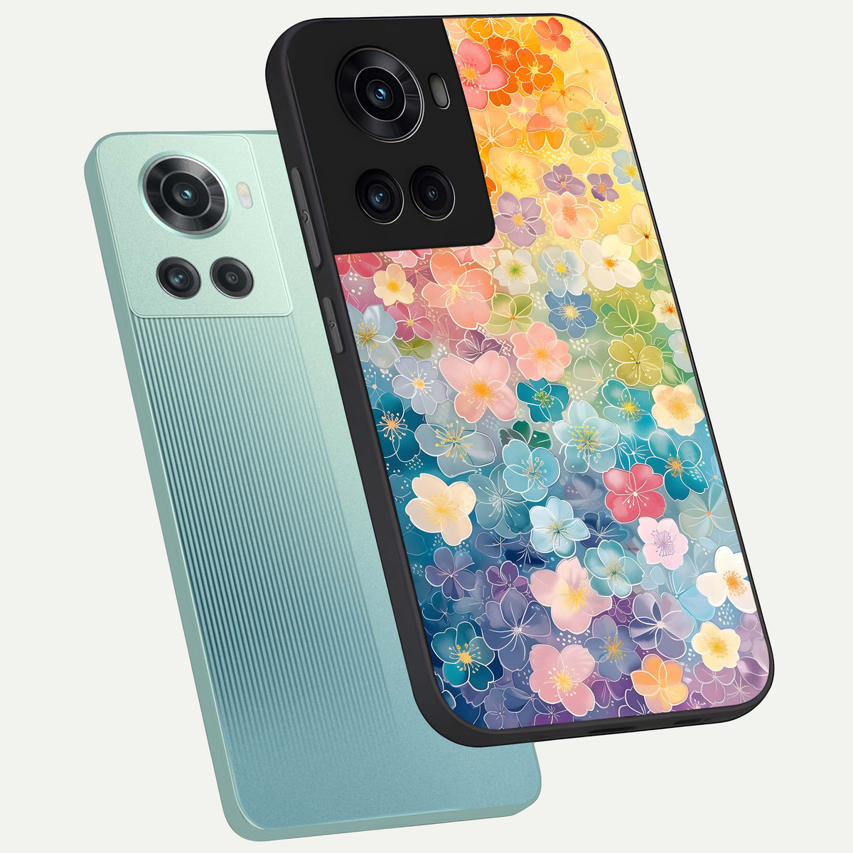  Rainbow Blossom Burst phone case For OnePlus 10R showing premium glass back cover with detailed artwork