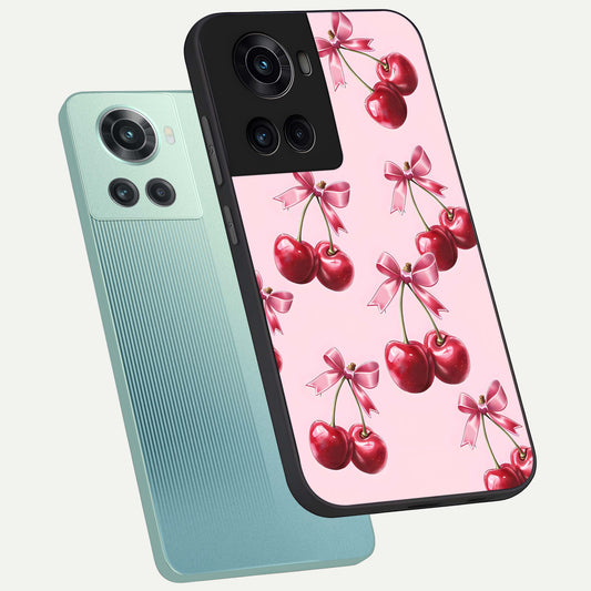  Red Cherries Pattern phone case For OnePlus 10R showing premium glass back cover with detailed artwork
