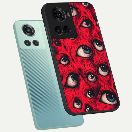  Red Eyes Pattern phone case For OnePlus 10R showing premium glass back cover with detailed artwork