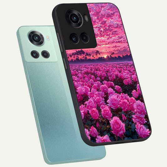  Rose Sunset Valley phone case For OnePlus 10R showing premium glass back cover with detailed artwork