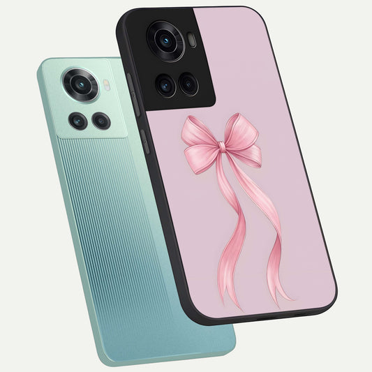  Soft Blush Bow phone case For OnePlus 10R showing premium glass back cover with detailed artwork