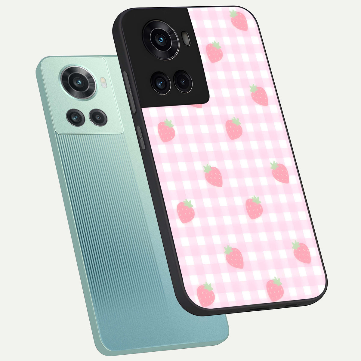  Strawberry Picnic Love phone case For OnePlus 10R showing premium glass back cover with detailed artwork