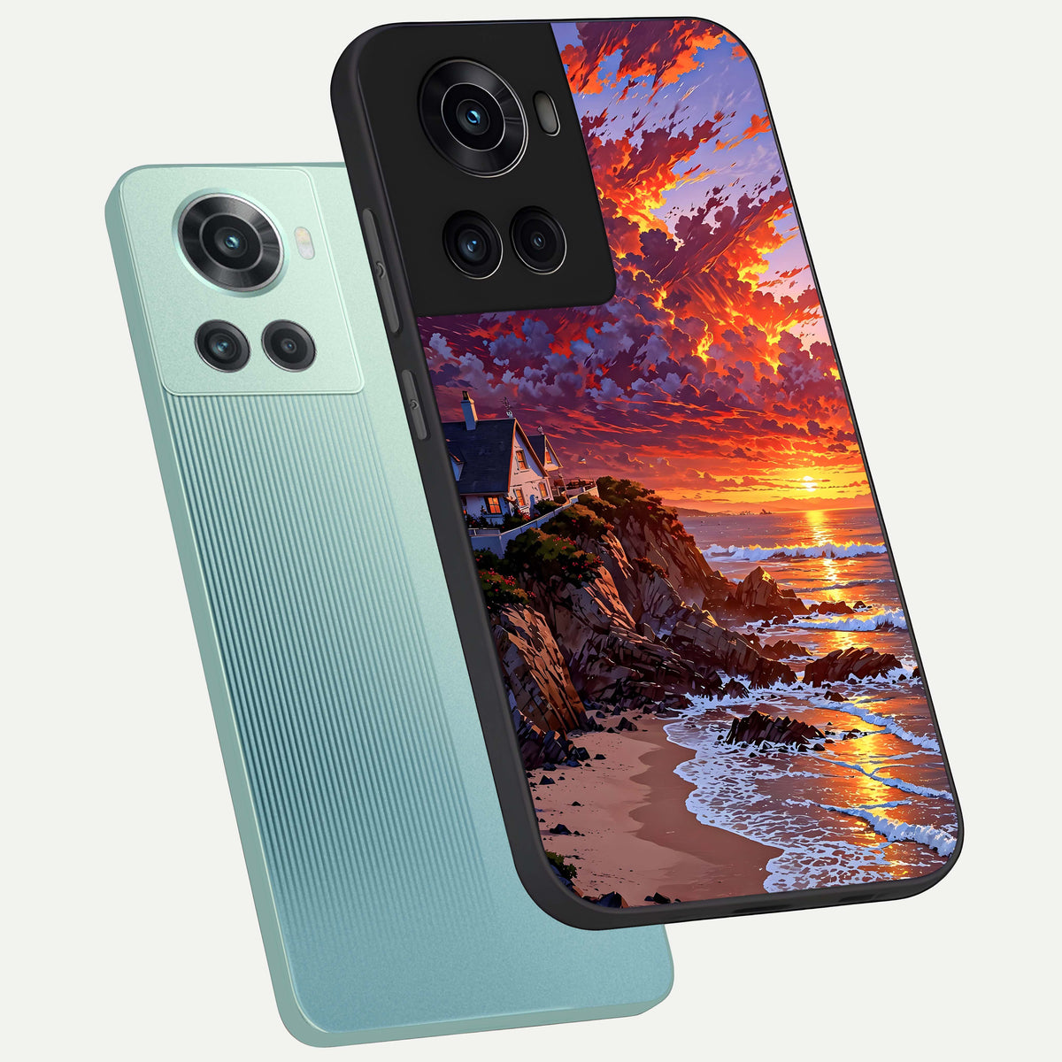  Sunset House By Sea phone case For OnePlus 10R showing premium glass back cover with detailed artwork