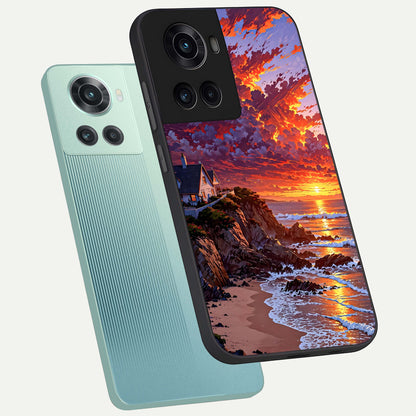  Sunset House By Sea phone case For OnePlus 10R showing premium glass back cover with detailed artwork