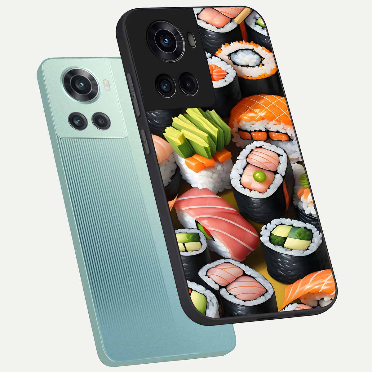  Sushi Food Pattern phone case For OnePlus 10R showing premium glass back cover with detailed artwork