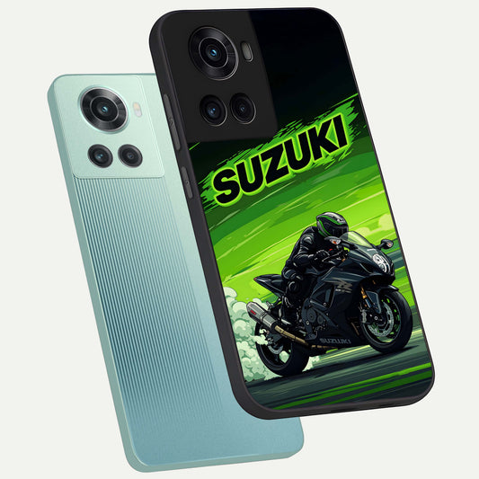  Suzuki Speed Beast phone case For OnePlus 10R showing premium glass back cover with detailed artwork