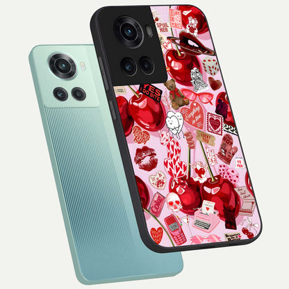  Sweet Cherry Chaos phone case For OnePlus 10R showing premium glass back cover with detailed artwork