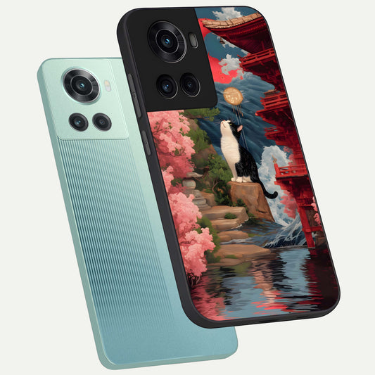  Temple Cat Scenery phone case For OnePlus 10R showing premium glass back cover with detailed artwork