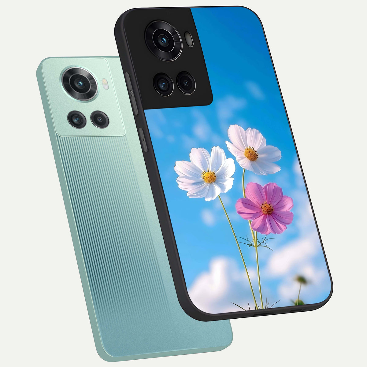  Tripple Flowers With Sky phone case For OnePlus 10R showing premium glass back cover with detailed artwork