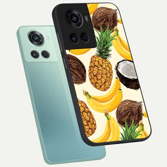  Tropical Fruit Mood phone case For OnePlus 10R showing premium glass back cover with detailed artwork