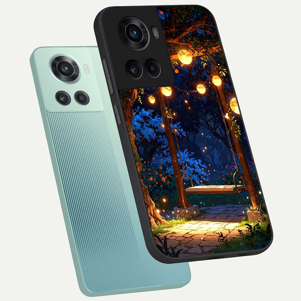  Twilight Garden Swing phone case For OnePlus 10R showing premium glass back cover with detailed artwork