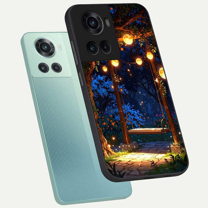  Twilight Garden Swing phone case For OnePlus 10R showing premium glass back cover with detailed artwork