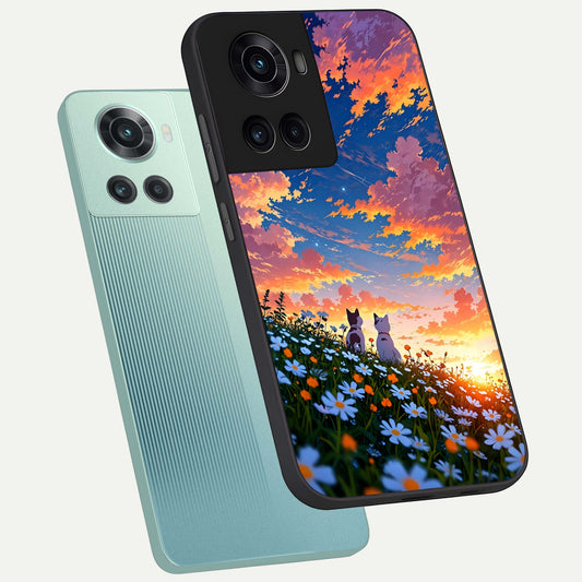  Two Cats Friends phone case For OnePlus 10R showing premium glass back cover with detailed artwork