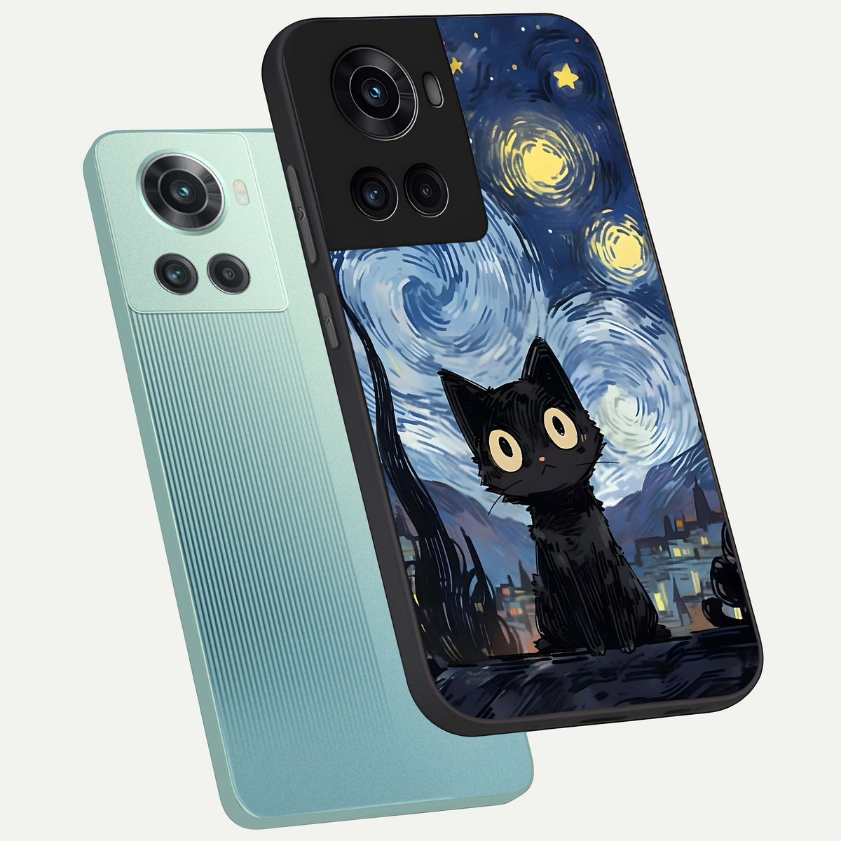 Van Gogh Cat phone case For OnePlus 10R showing premium glass back cover with detailed artwork