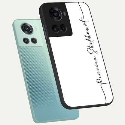  White Tune Custom Name phone case For OnePlus 10R showing premium custom name glass back cover