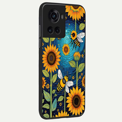  Bees And Sunflowers back cover For OnePlus 10R slim fit glass case with vibrant aesthetic design