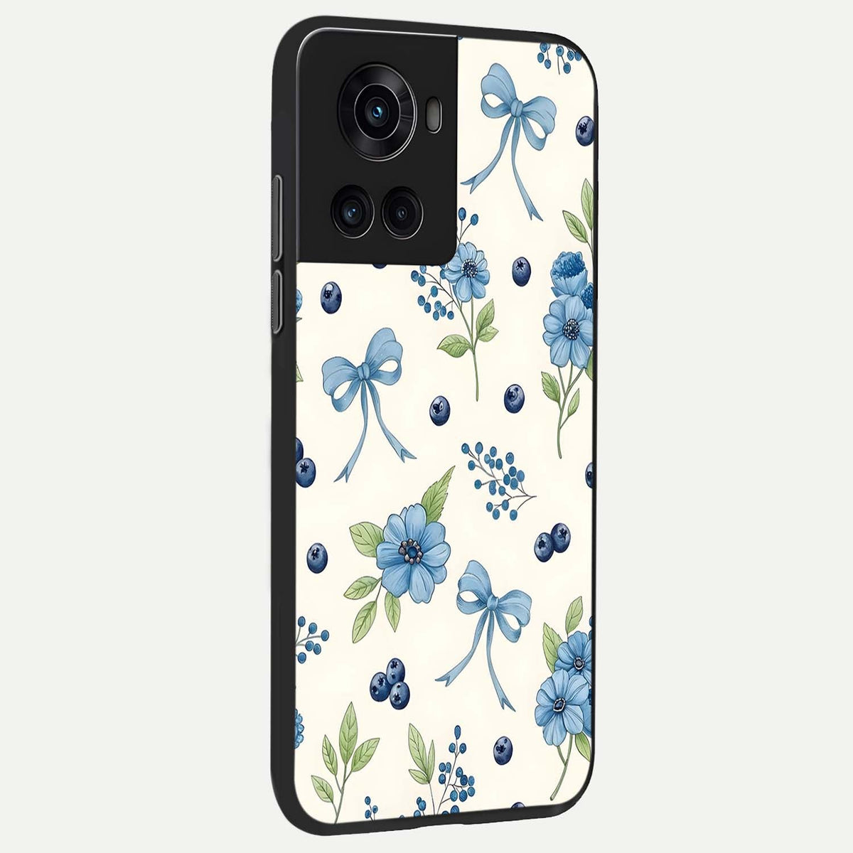  Blue Flower And Bow back cover For OnePlus 10R slim fit glass case with vibrant aesthetic design