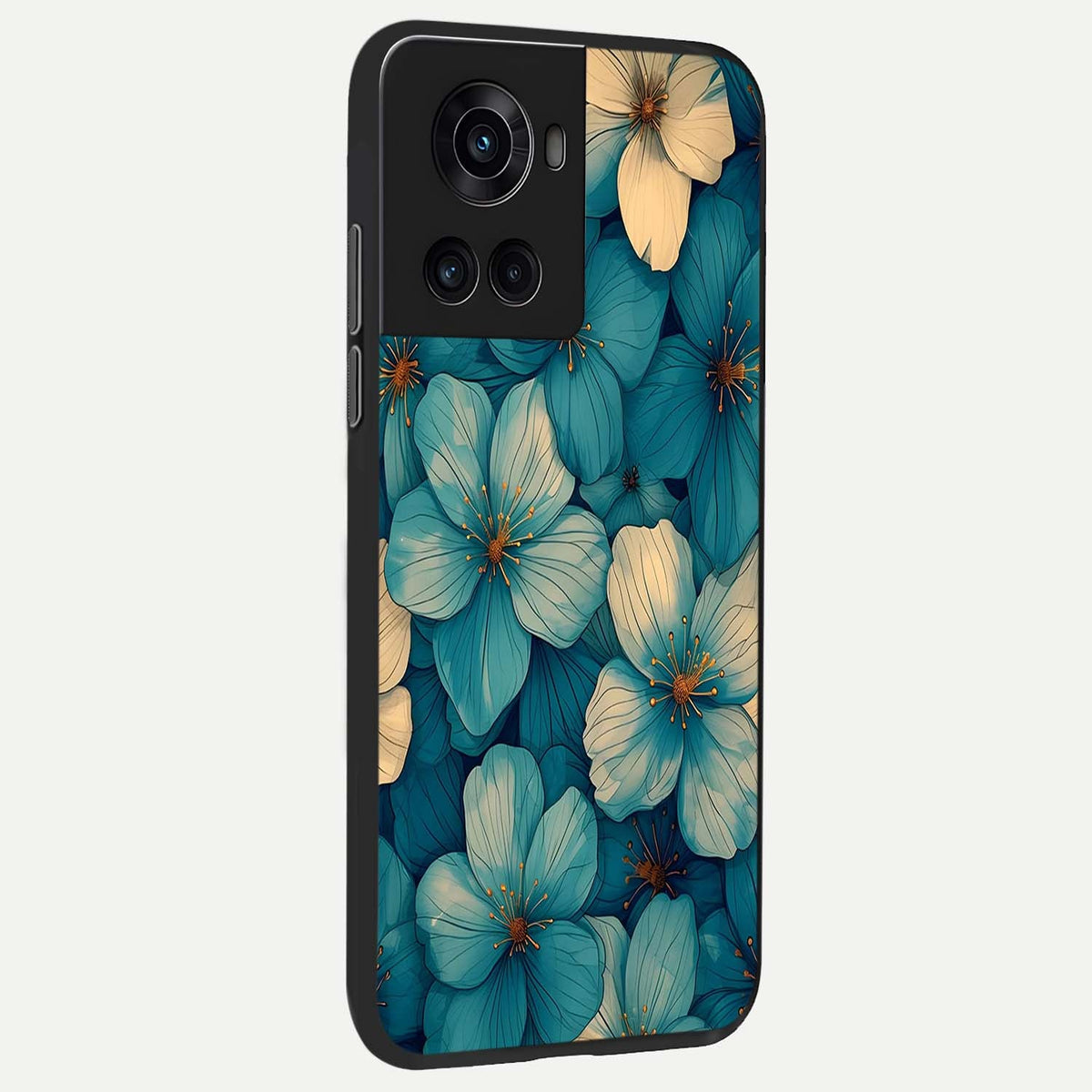  Blue Shade Floral back cover For OnePlus 10R slim fit glass case with vibrant aesthetic design