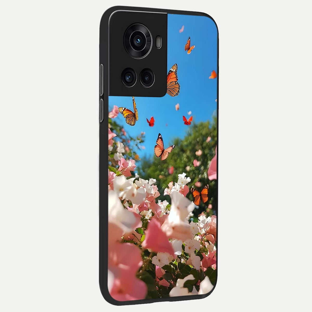  Butterflies In Bloom Sky back cover For OnePlus 10R slim fit glass case with vibrant aesthetic design