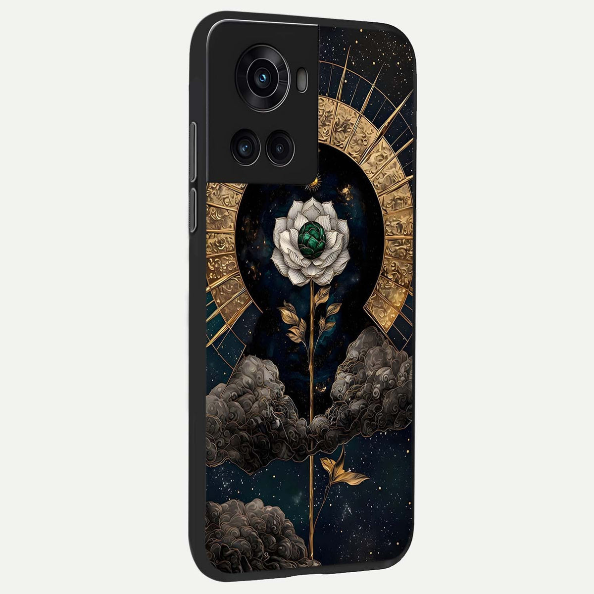  Celestial Lotus Morang back cover For OnePlus 10R slim fit glass case with vibrant aesthetic design