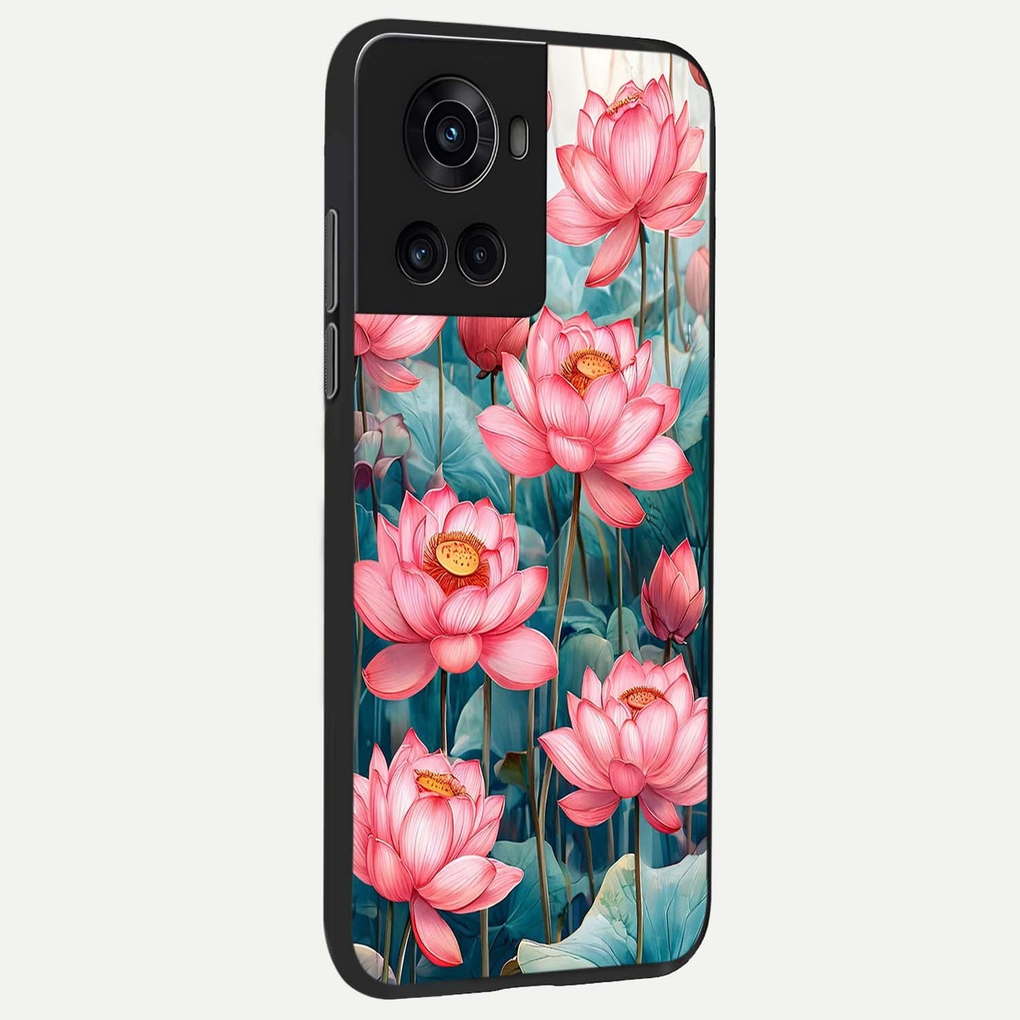 Celestial Pink Lotus Glass Case showing full back design in clean flat view with pink lotus celestial artwork and glossy glass finish.