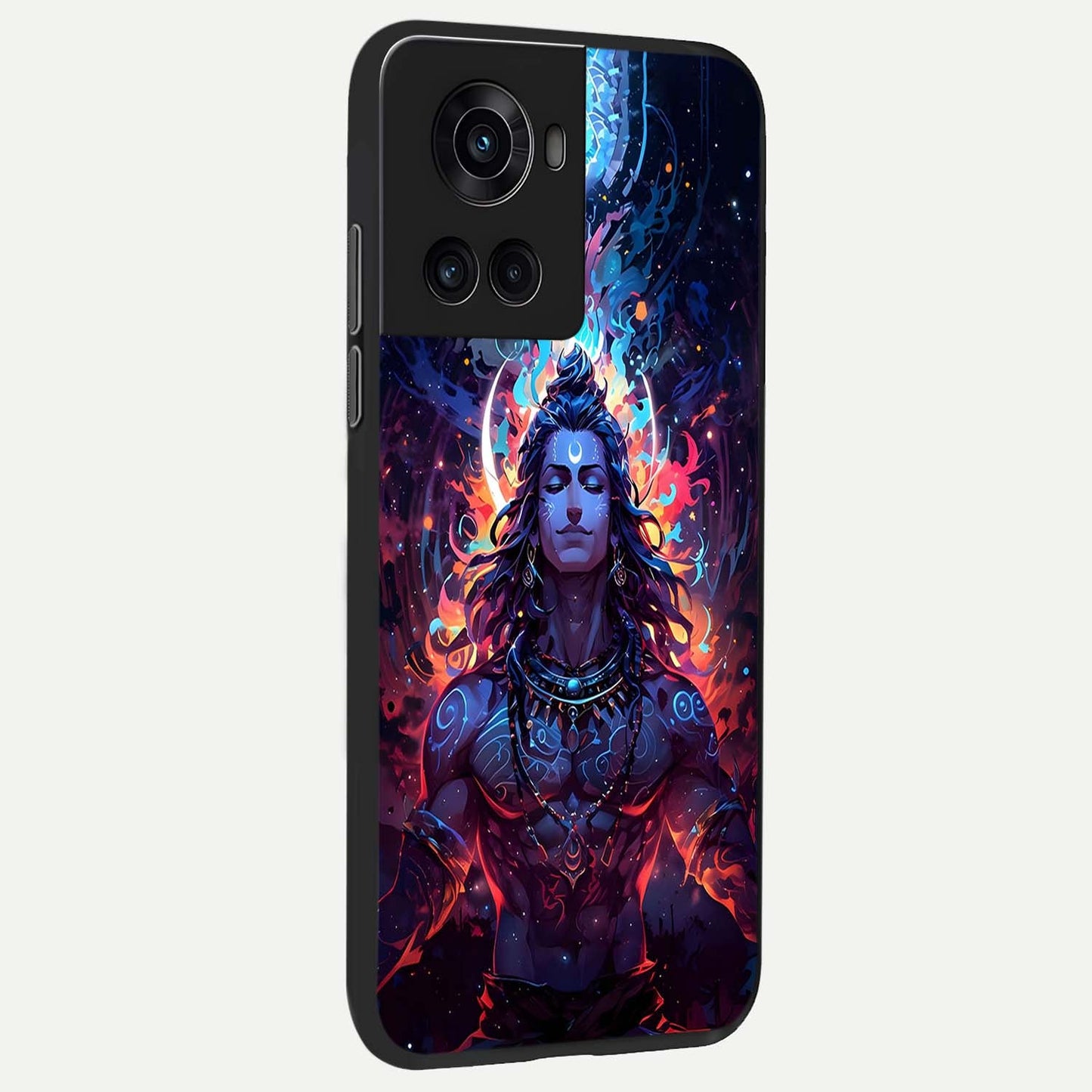 Divine Fire Shiv Glass Case showing full back design in clean flat view with powerful divine fire symbolism and glossy glass finish.