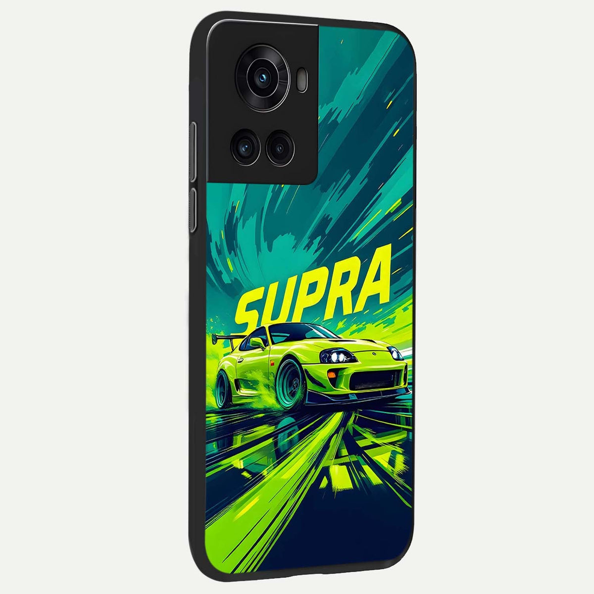 Electric Supra Thunder back cover For OnePlus 10R slim fit glass case with vibrant aesthetic design
