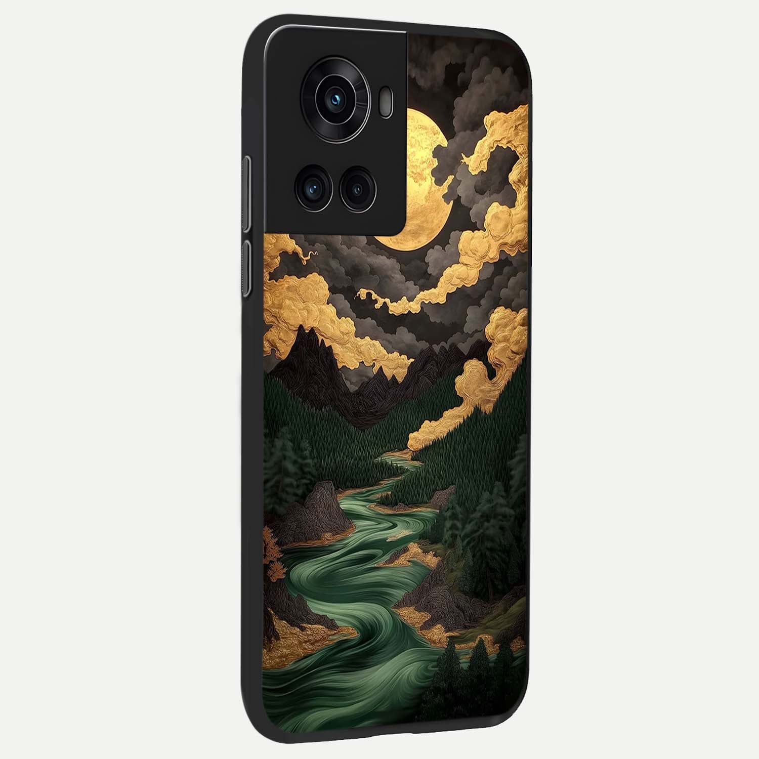 Golden River Moon Glass Case showing full back design in clean flat view with moonlit river scenery and glossy glass finish.