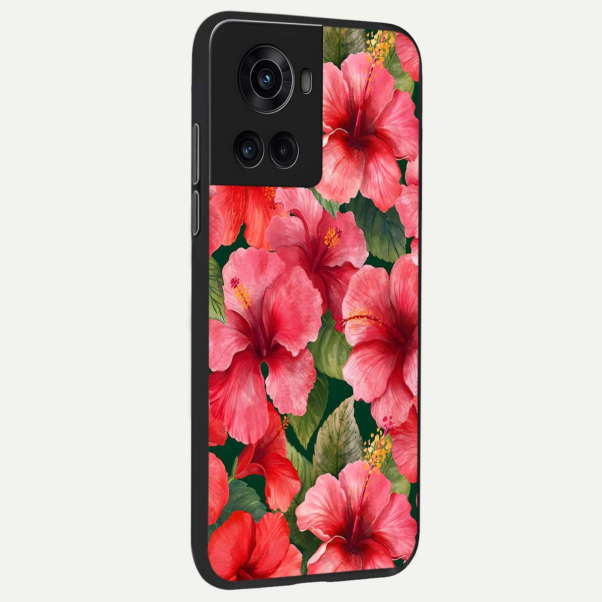  Hibiscus Pattern back cover For OnePlus 10R slim fit glass case with vibrant aesthetic design